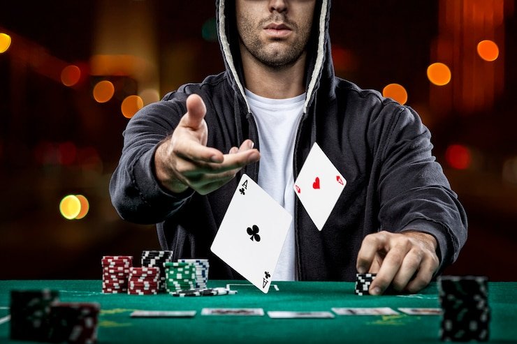 Casino Hold'em table at daftar mawartoto showing hole cards, community cards, and dealer position